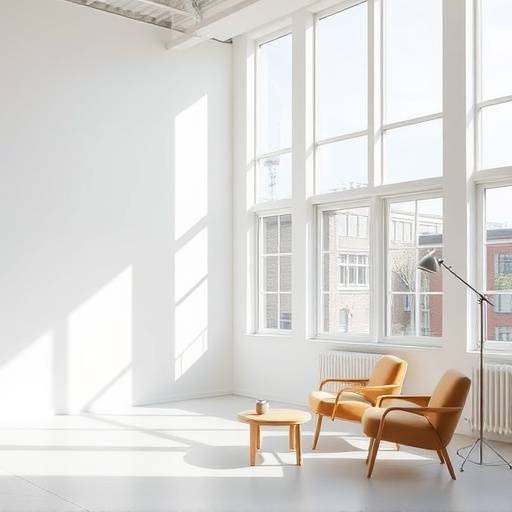 Bright and airy studio with large windows and natural light, featuring a minimalist setup with a comfortable seating area.