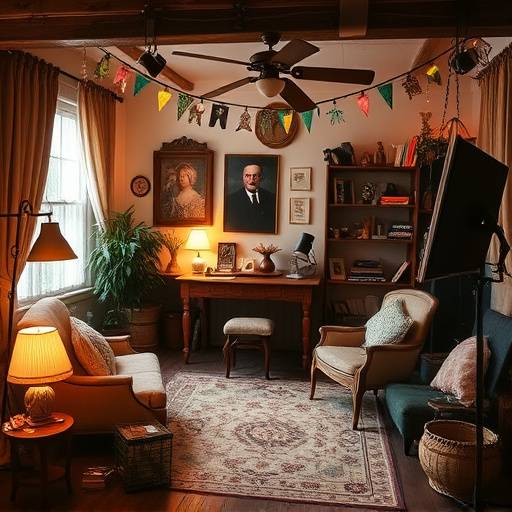 Cozy, richly decorated studio with warm lighting and unique props