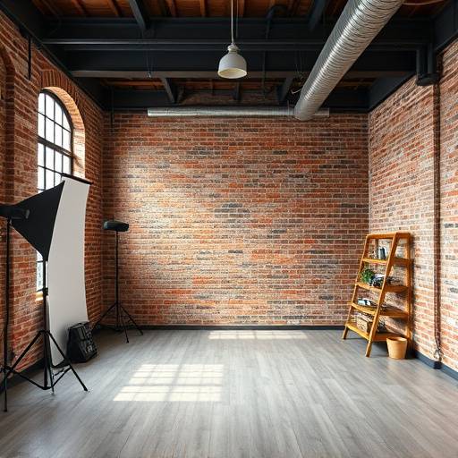 Industrial-chic studio with exposed brick walls, versatile backdrops, and ample space for large-scale productions.