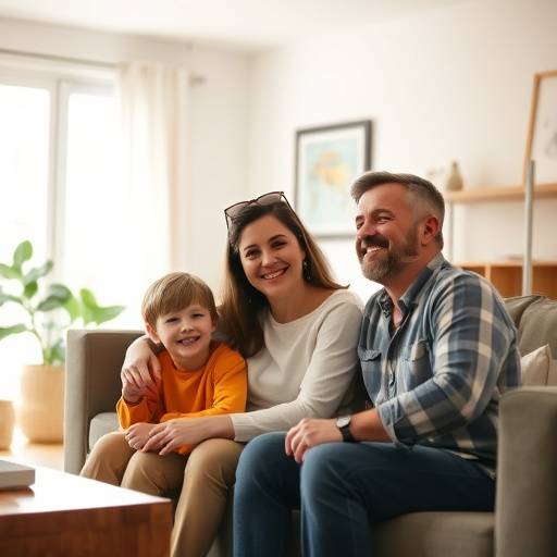 Lifestyle portrait of a family smiling in a warm, inviting living room setting