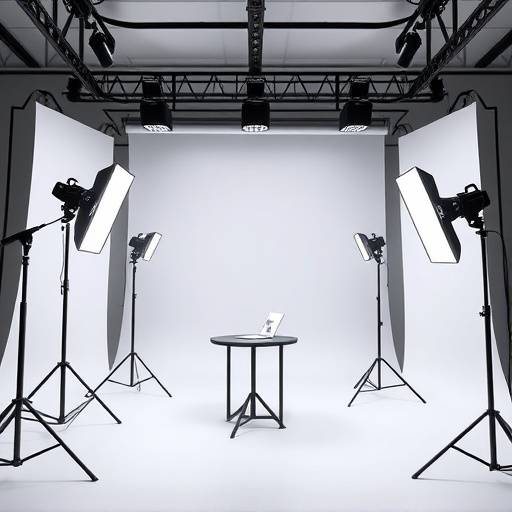 Modern and sleek studio with controlled lighting, seamless backdrops, and a professional setup for portrait and commercial photography.